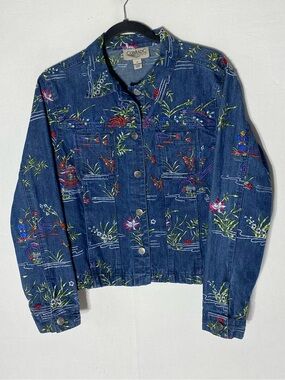 Vintage 90s Conrad C Chinoiserie Embroidered Floral Pond Scene Jean Jacket S